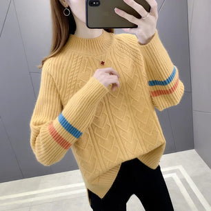 Women's Polyester Mock-Neck Full Sleeves Knitted Pattern Sweater