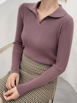 Women's Polyester Turn-Down Collar Long Sleeves Solid Sweater