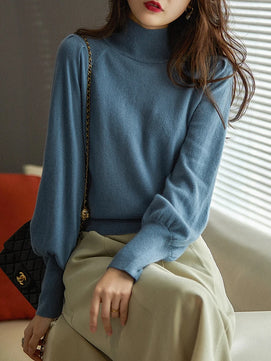 Women's Polyester Turtleneck Long Sleeves Solid Pattern Sweater