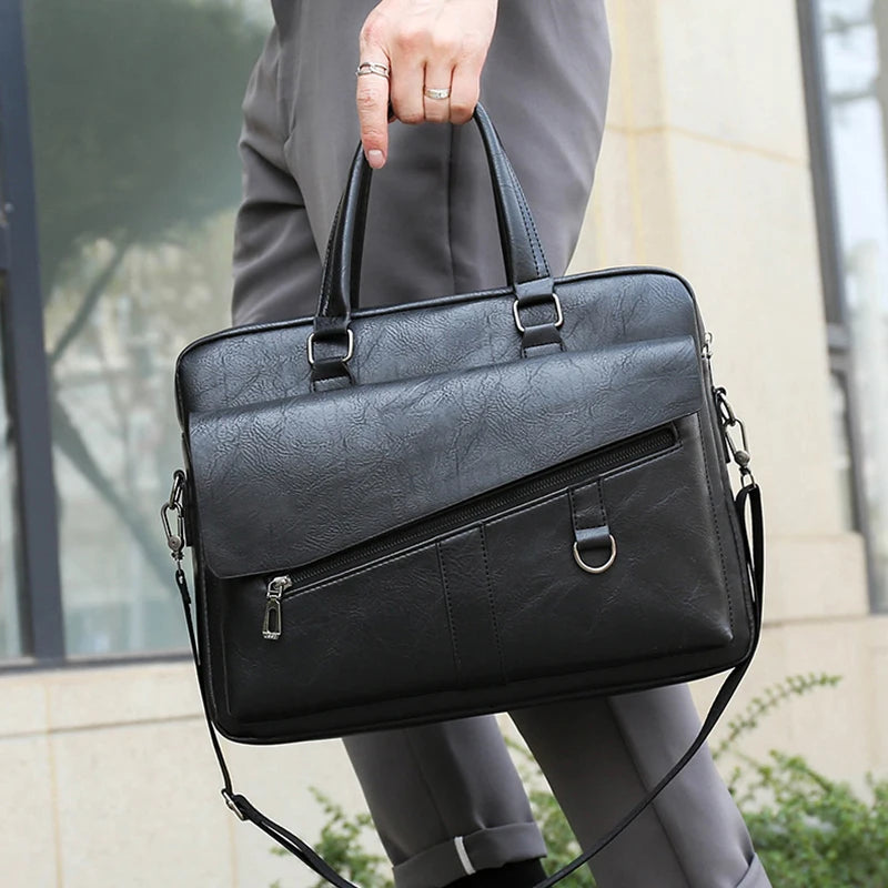 Men's PU Leather Zipper Closure Solid Pattern Elegant Shoulder Bag