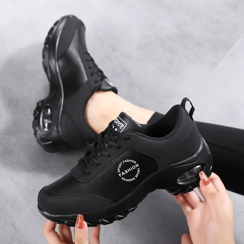 Women's Leather Round Toe Lace-up Closure Sports Wear Sneakers