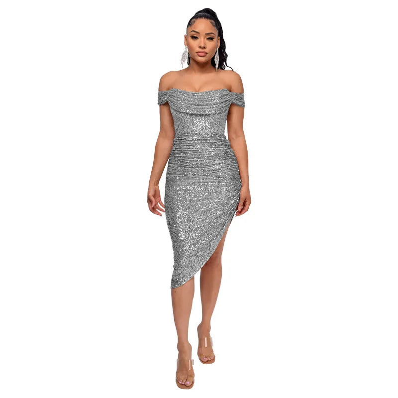 Women's Polyester Slash Neck Sleeveless Sequin Pattern Party Dress