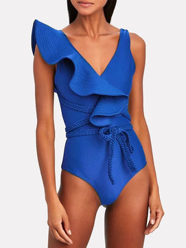 Women's Polyester V-Neck One-Piece Plain Sexy Bathing Swimwear