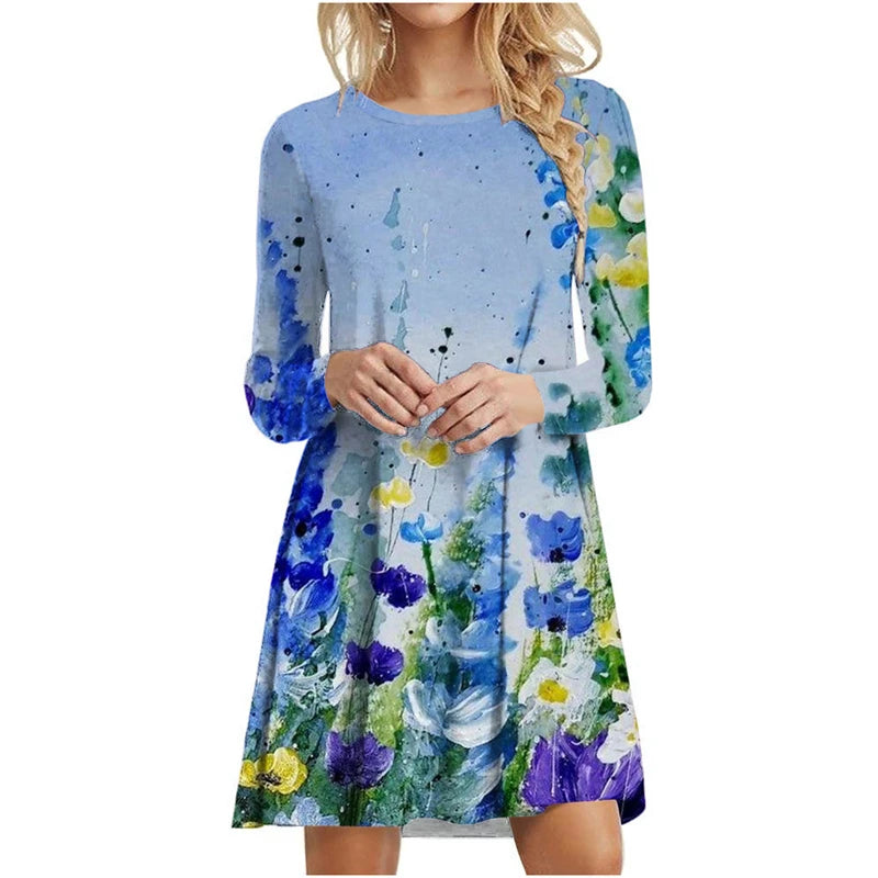 Women's Polyester O-Neck Long Sleeves Mini Casual Floral Dress