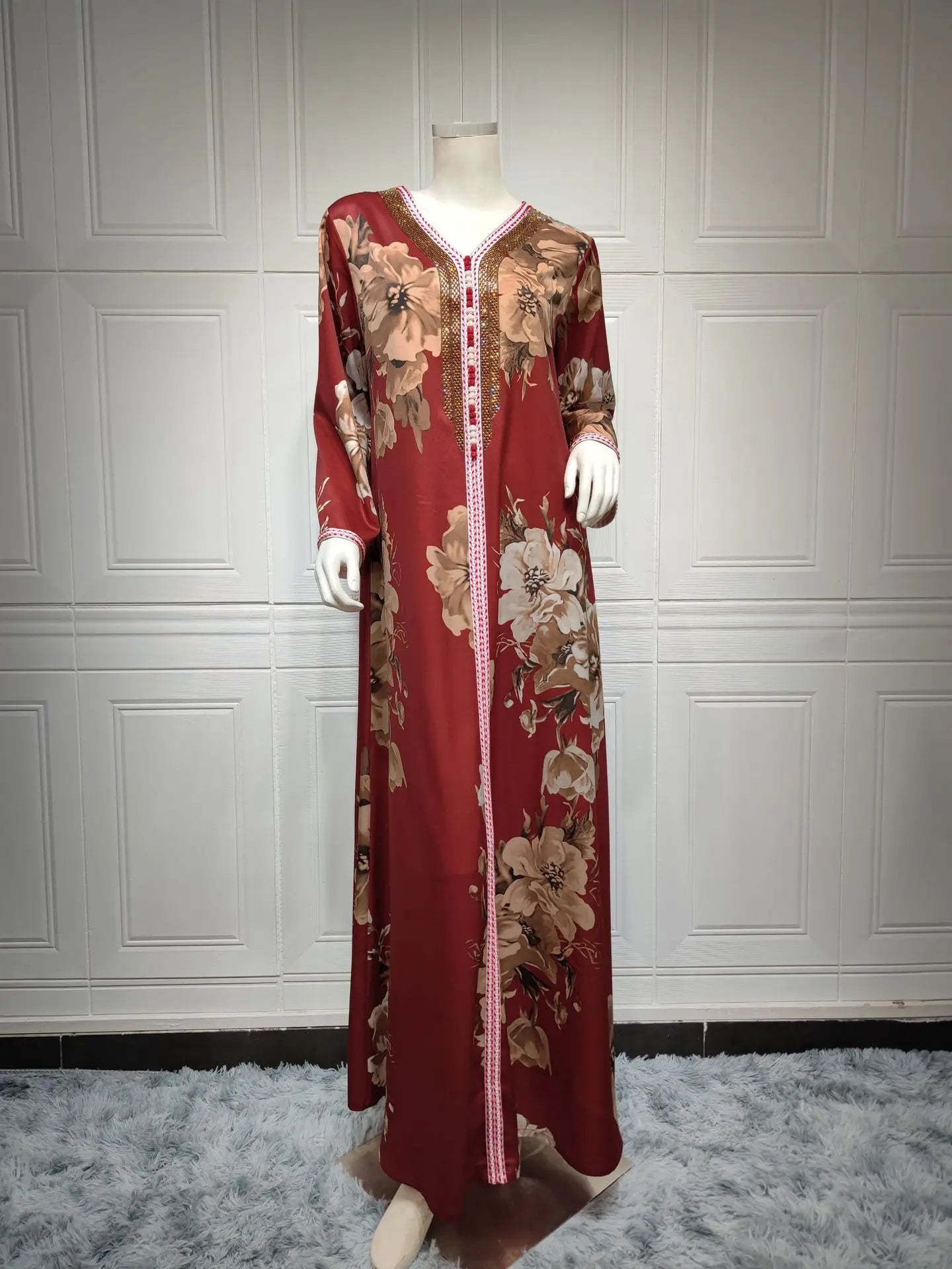 Women's Arabian Polyester Full Sleeve Floral Pattern Casual Abaya