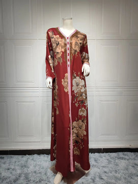 Women's Arabian Polyester Full Sleeve Floral Pattern Casual Abaya