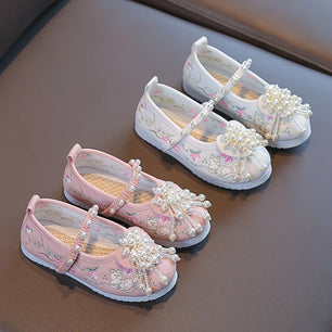 Kid's Cotton Fabric Round Toe Embroidery Anti-Slippery Shoes