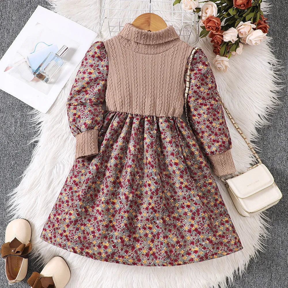 Kid's Girl Polyester O-Neck Long Sleeves Floral Pattern Party Dress