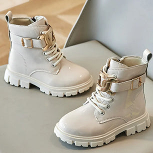 Kid's PU Leather Non-Slip Round Toe Lace-Up Closure Casual Boots