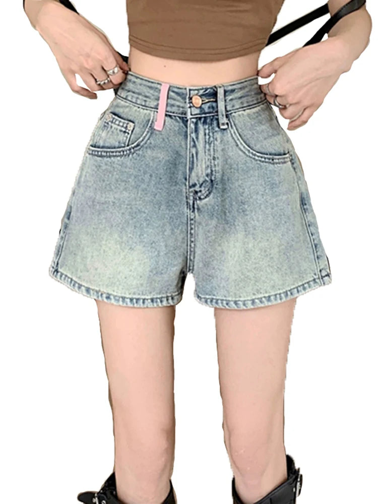 Women's Polyester High Waist Button Fly Casual Plain Denim Shorts