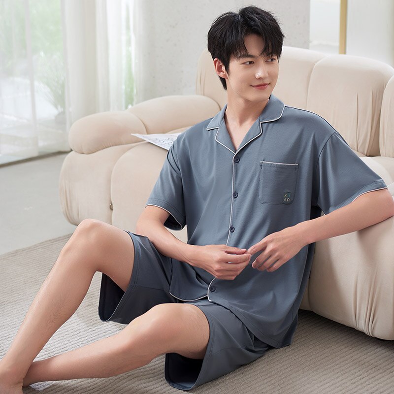 Men's Cotton Short Sleeve Turn Down Collar Solid Sleepwear Set