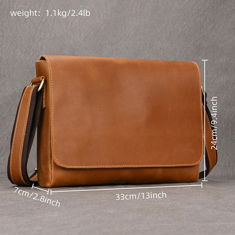 Men's Genuine Leather Zipper Closure Flap Pocket Shoulder Bag