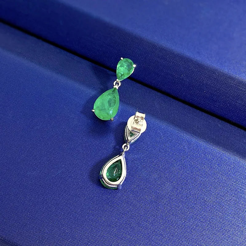 Women's 100% 925 Sterling Silver Emerald Water Drop Earrings