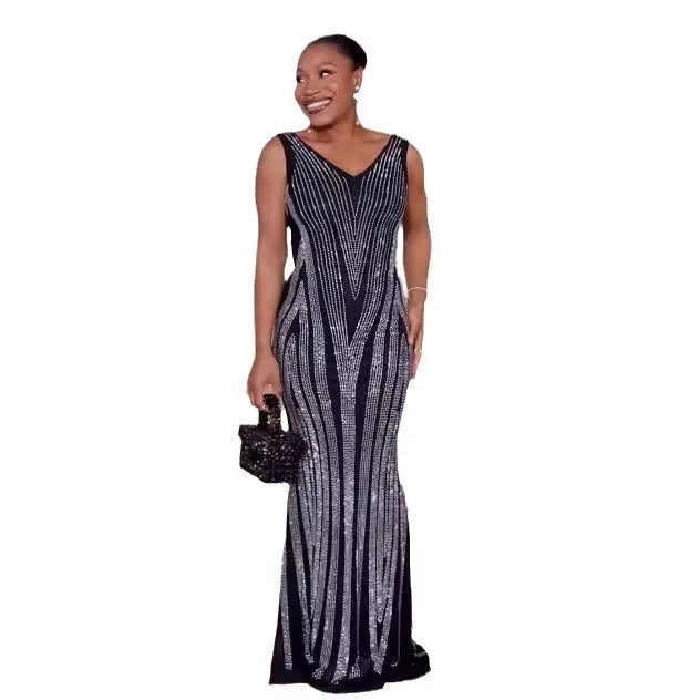 Women's Polyester V-Neck Sleeveless Sequined Party Wear Dress