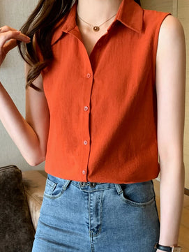 Women's Polyester Turn-Down Collar Sleeveless Casual Wear Blouse