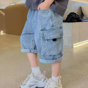 Kid's Cotton Mid Waist Elastic Closure Casual Wear Denim Shorts