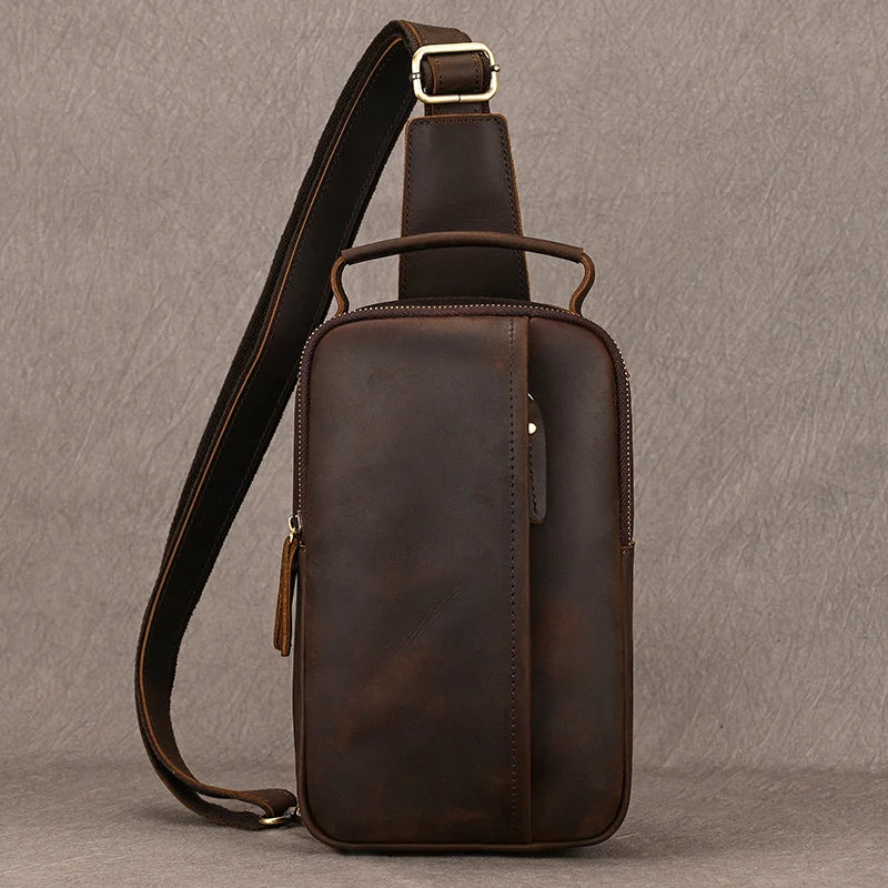 Men's Genuine Leather Zipper Closure Solid Pattern Shoulder Bag