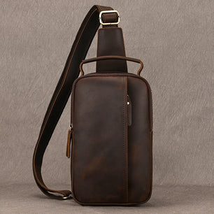 Men's Genuine Leather Zipper Closure Solid Pattern Shoulder Bag