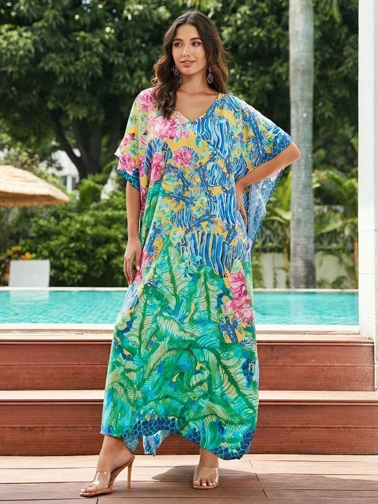 Women's Polyester V-Neck Short Sleeve Printed Pattern Maxi Dress