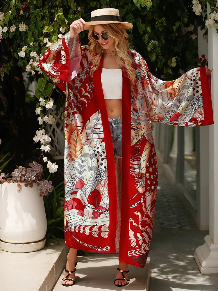 Women's Polyester Long Sleeves Printed Pattern Swimwear Cover Up