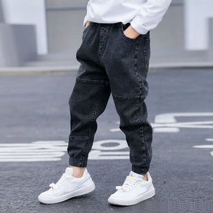 Kid's Cotton Mid Waist Elastic Closure Casual Wear Denim Pants