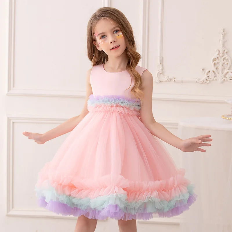 Kid's Girl Polyester O-Neck Sleeveless Pleated Princess Dress