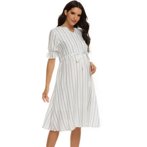 Women's Polyester V-Neck Short Sleeves Striped Maternity Dress