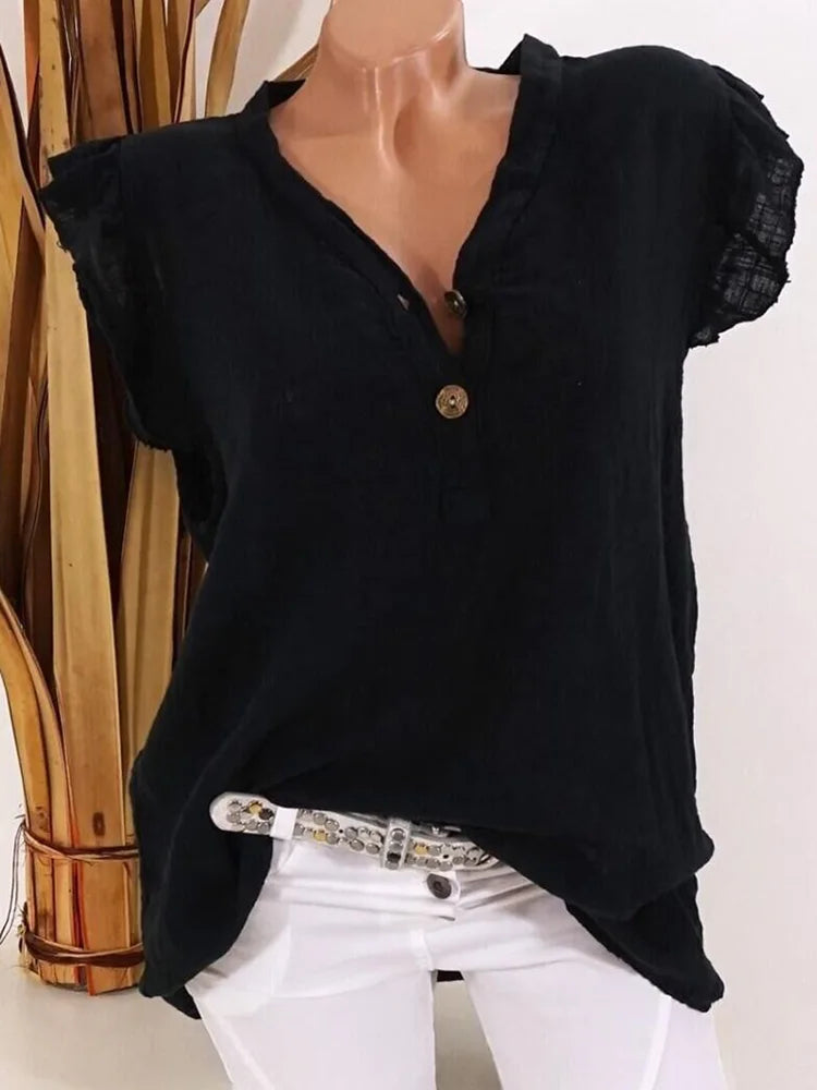 Women's V-Neck Cotton Sleeveless Solid Pattern Pullover Blouses