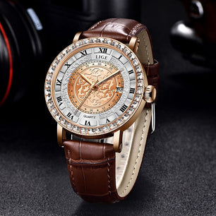 Women's Stainless Steel Case Buckle Clasp Quartz Round Watch