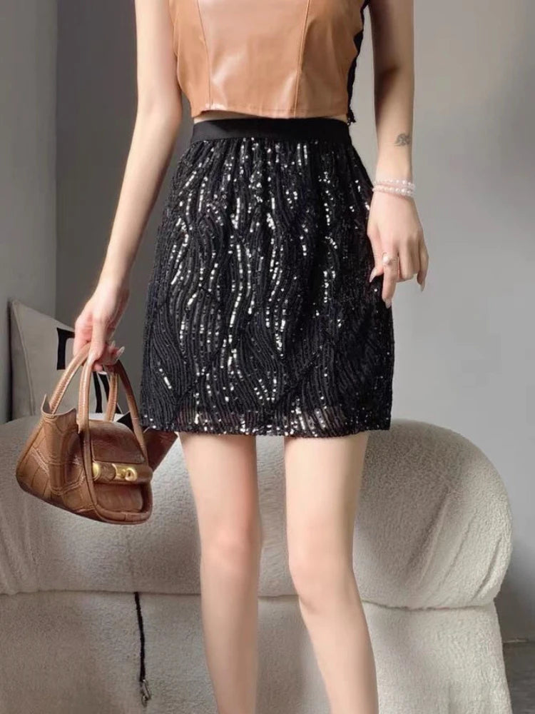 Women's Polyester High Waist Sequined Pattern Casual Skirts