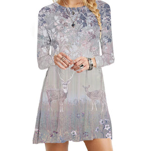 Women's Polyester O-Neck Long Sleeves Mini Casual Vintage Dress