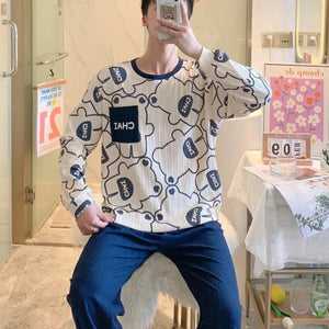 Men's Cotton Full Sleeve O-Neck Printed Pattern Pullover Sleepwear