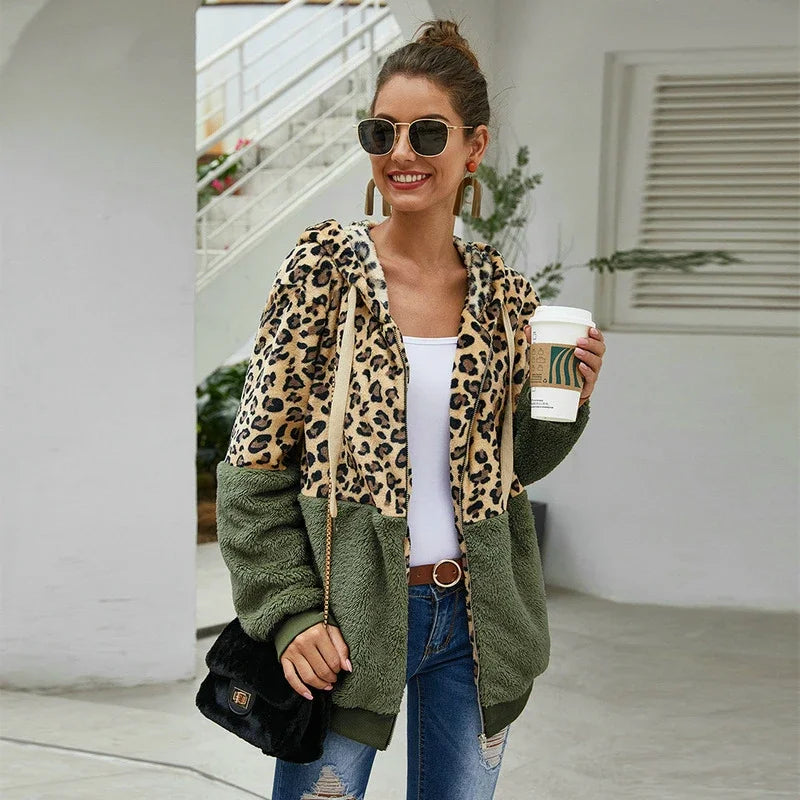 Women's Polyester Full Sleeve Leopard Pattern Zipper Hoodies