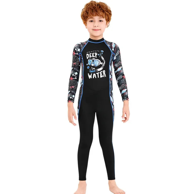 Kid's Boy O-Neck Neoprene Full Sleeve Printed Pattern Swimsuit