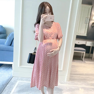 Women’s Polyester V-Neck Short Sleeves Dotted Maternity Dress