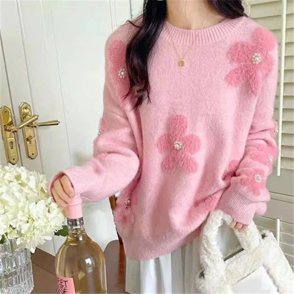 Women's Acetate O-Neck Full Sleeves Floral Pattern Casual Sweater