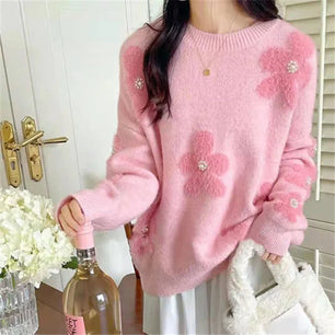 Women's Acetate O-Neck Full Sleeves Floral Pattern Casual Sweater