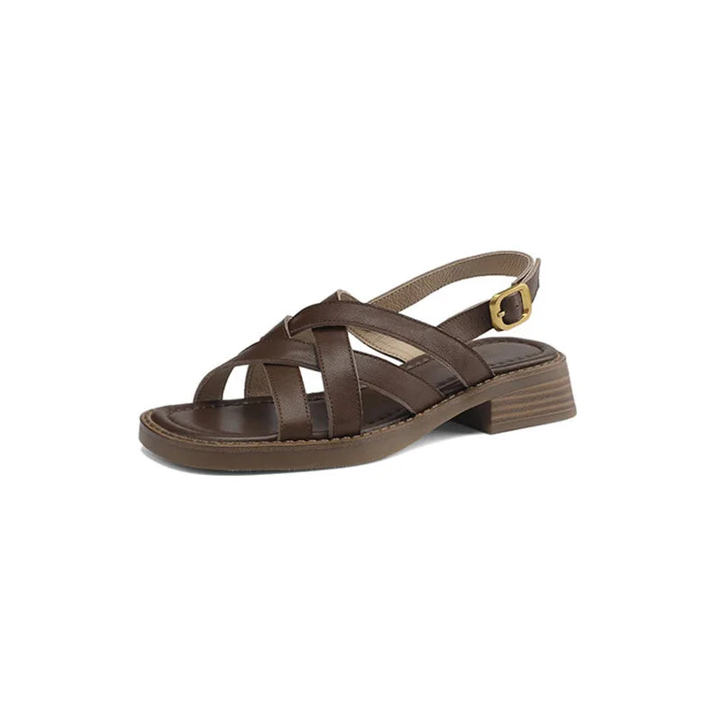 Women's Genuine Leather Square Toe Buckle Strap Closure Sandals