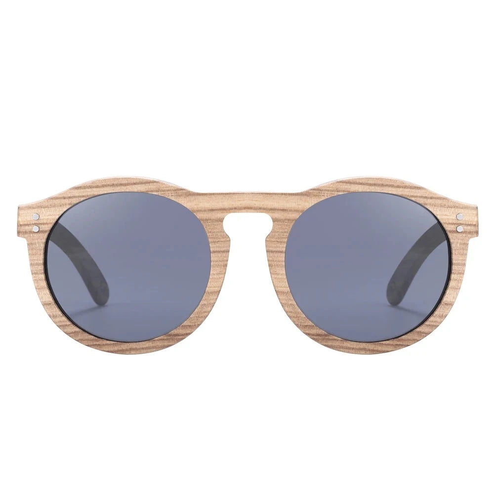 Women's Wooden Frame Polaroid Lens Round Shape Trendy Sunglasses