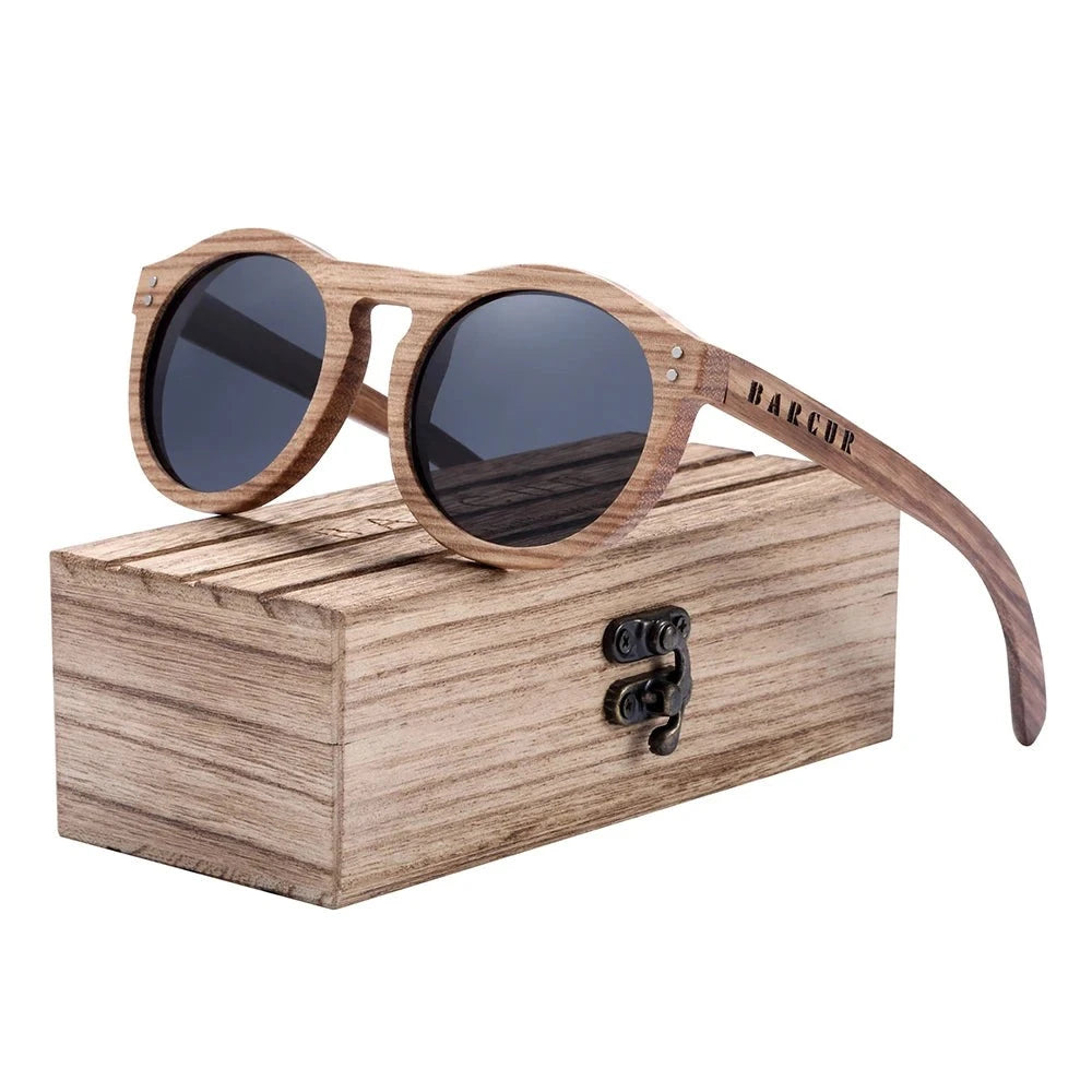 Men's Wooden Frame Polaroid Lens Round Shaped UV400 Sunglasses