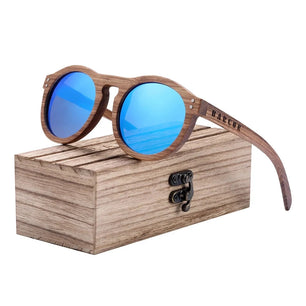 Men's Wooden Frame Polaroid Lens Round Shaped UV400 Sunglasses