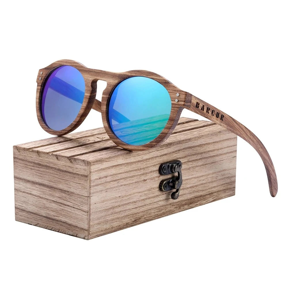 Men's Wooden Frame Polaroid Lens Round Shaped UV400 Sunglasses