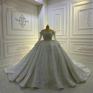 Women's V-Neck Long Sleeves Court Train Backless Wedding Dress