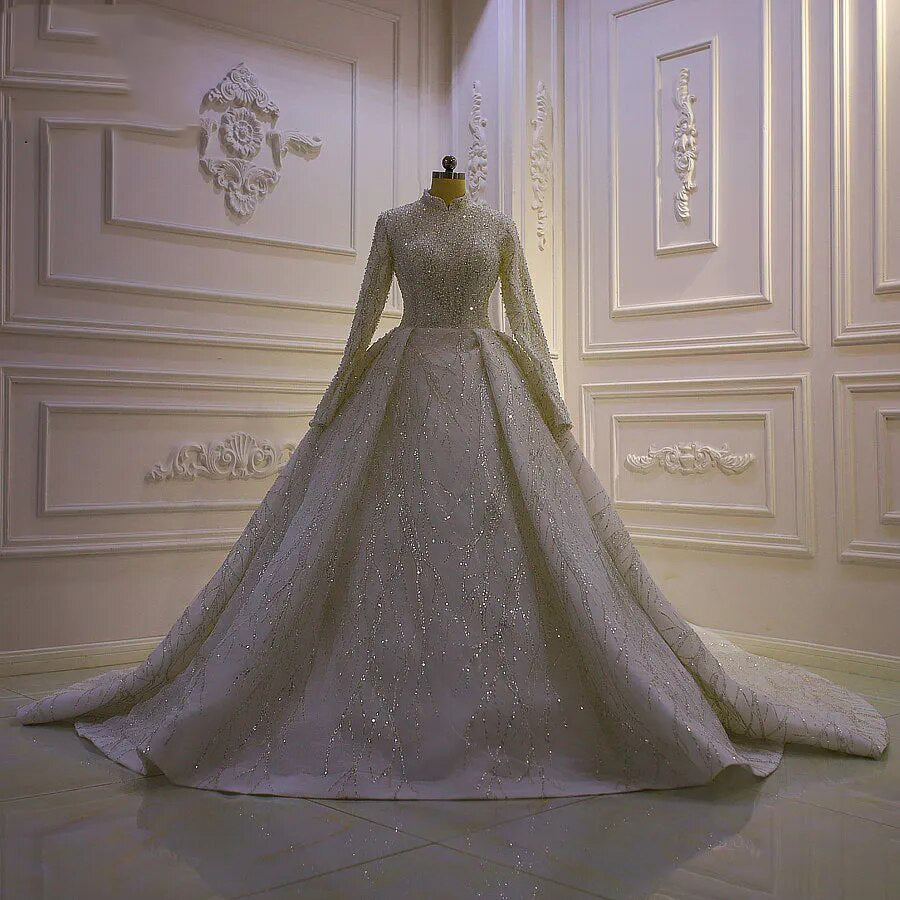 Women's High Neck Long Sleeves Court Train Bridal Wedding Dress