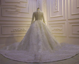 Women's High Neck Long Sleeves Court Train Bridal Wedding Dress