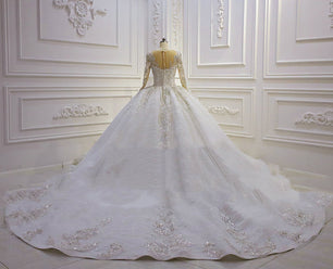 Women's V-Neck Full Sleeves Court Train Bridal Wedding Dress