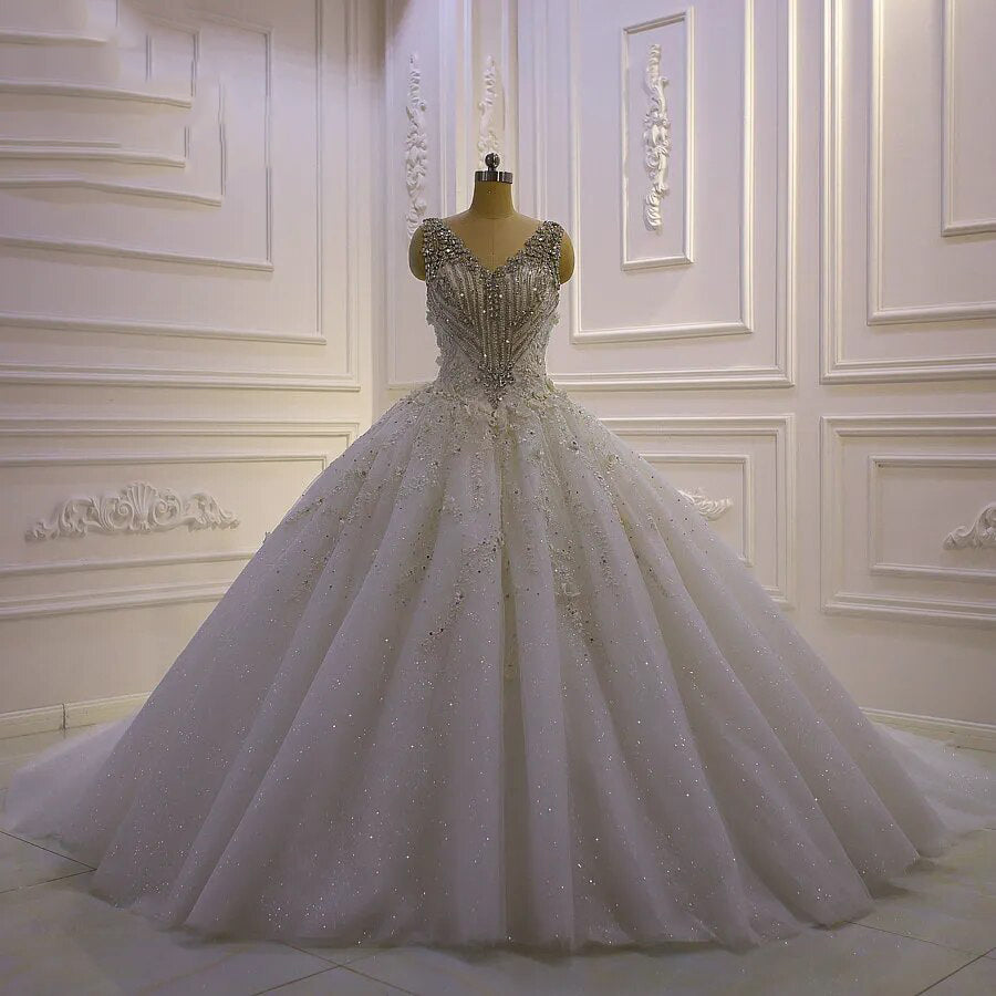 Women's V-Neck Sleeveless Court Train Backless Wedding Dress