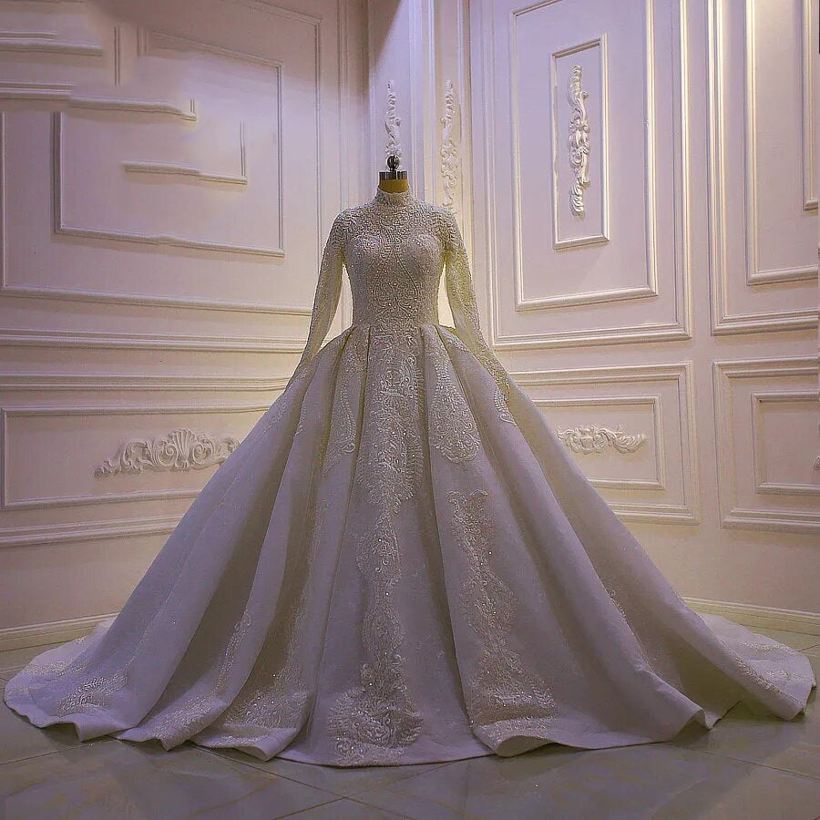 Women's High-Neck Long Sleeves Court Train Bridal Wedding Dress