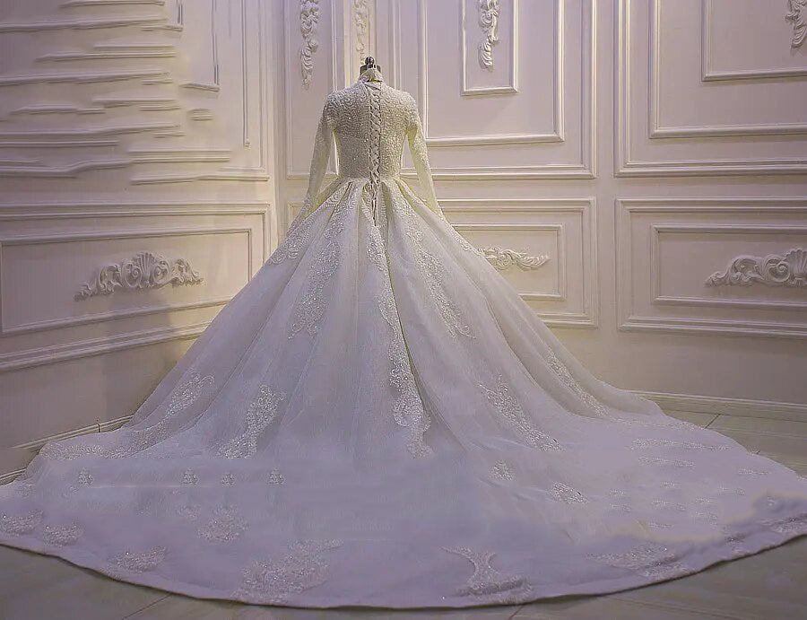 Women's High-Neck Long Sleeves Court Train Bridal Wedding Dress