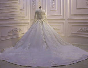 Women's High-Neck Long Sleeves Court Train Bridal Wedding Dress